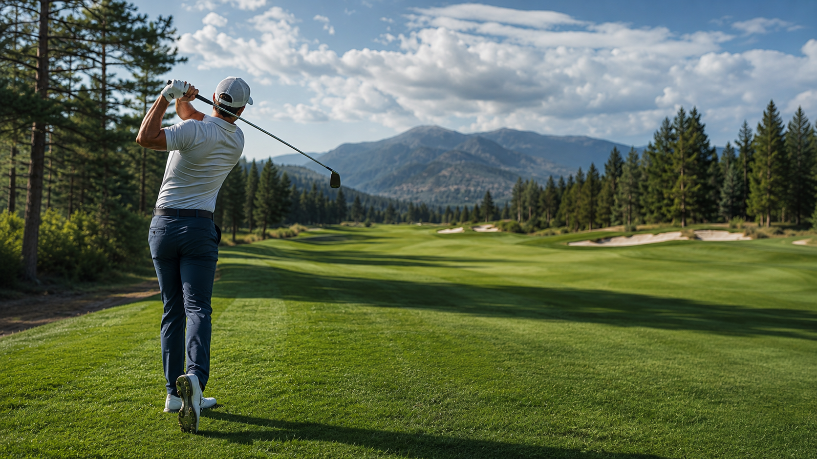 Golfer playing a course surrounded by mountains
