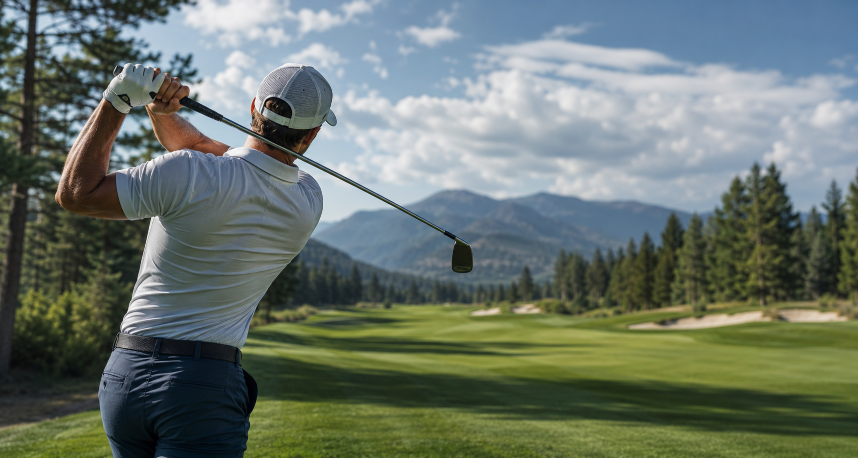 Golfer hitting a shot on a mountain golf course